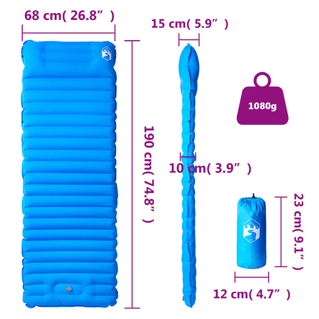 Kék önfelfújó kempingmatrac beépített párnával
