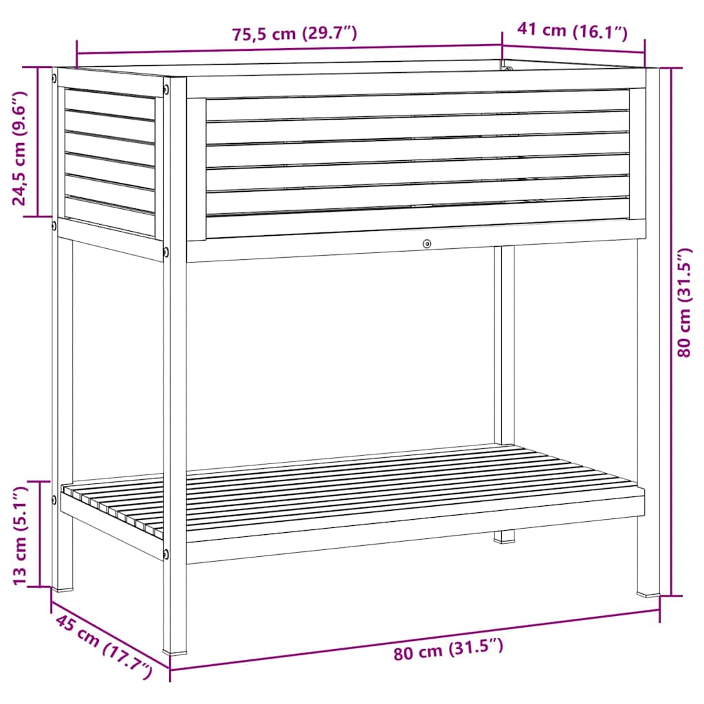 Tömör akácfa és acél kerti virágtartó polccal 80 x 45 x 80 cm