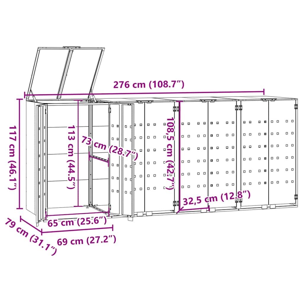 Antracit acél tároló 4 szemeteskukához 276 x 79 x 117 cm