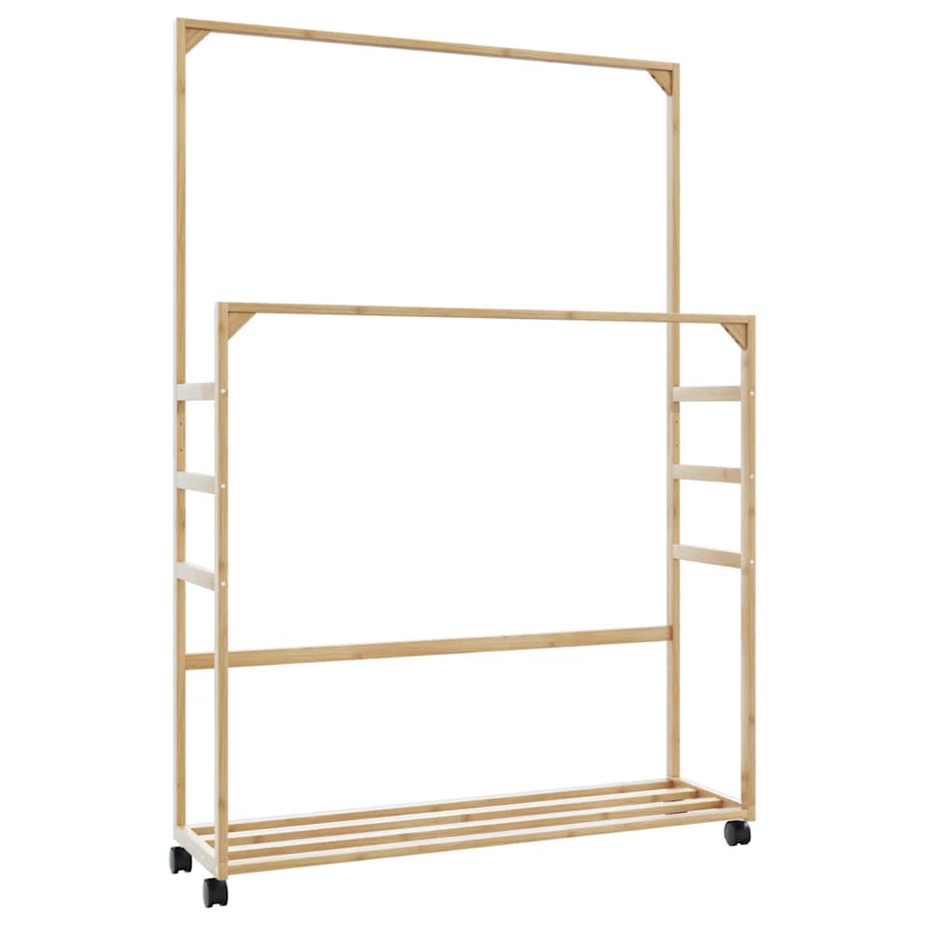 Bambusz ruhaállvány polcokkal és kerekekkel 90x35x155 cm