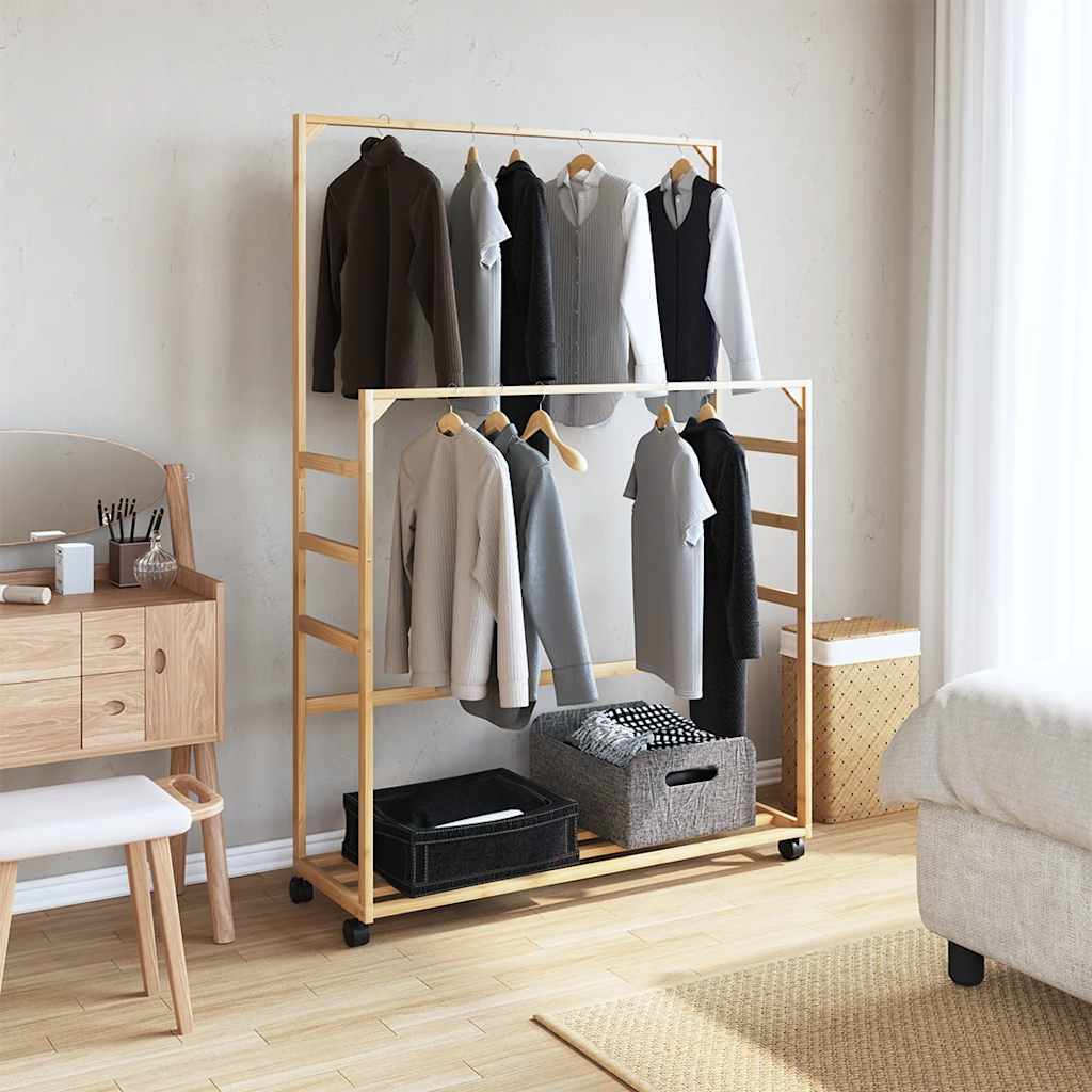 Bambusz ruhaállvány polcokkal és kerekekkel 90x35x155 cm