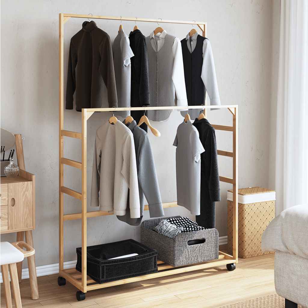 Bambusz ruhaállvány polcokkal és kerekekkel 90x35x155 cm