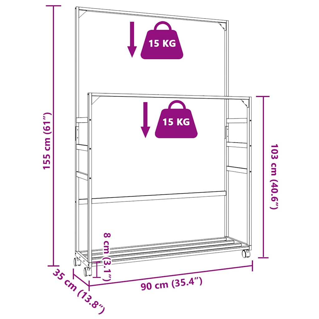 Bambusz ruhaállvány polcokkal és kerekekkel 90x35x155 cm
