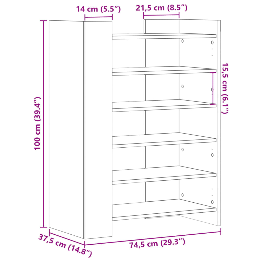 Szürke sonoma színű szerelt fa cipőszekrény 74,5 x 37,5 x 100cm