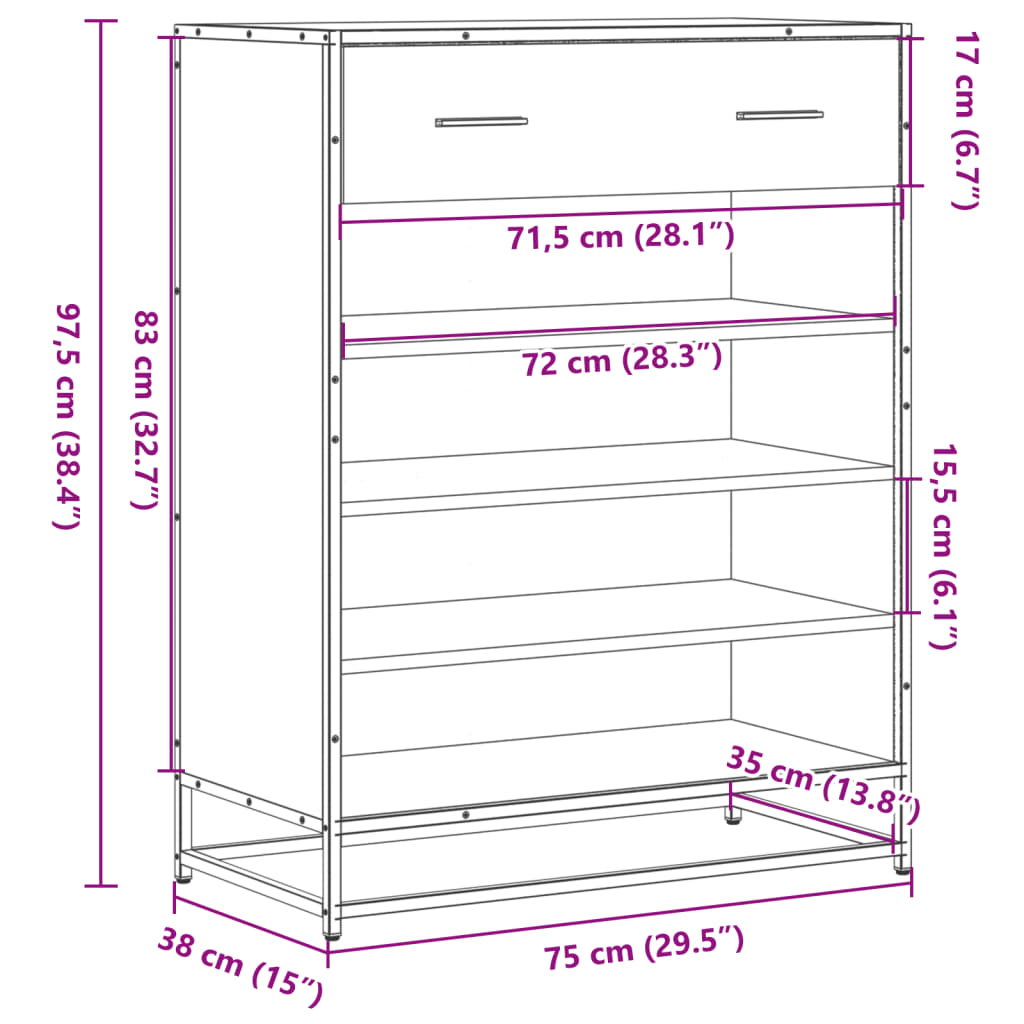 Sonoma tölgy színű szerelt fa és fém cipőszekrény 75x38x97,5 cm