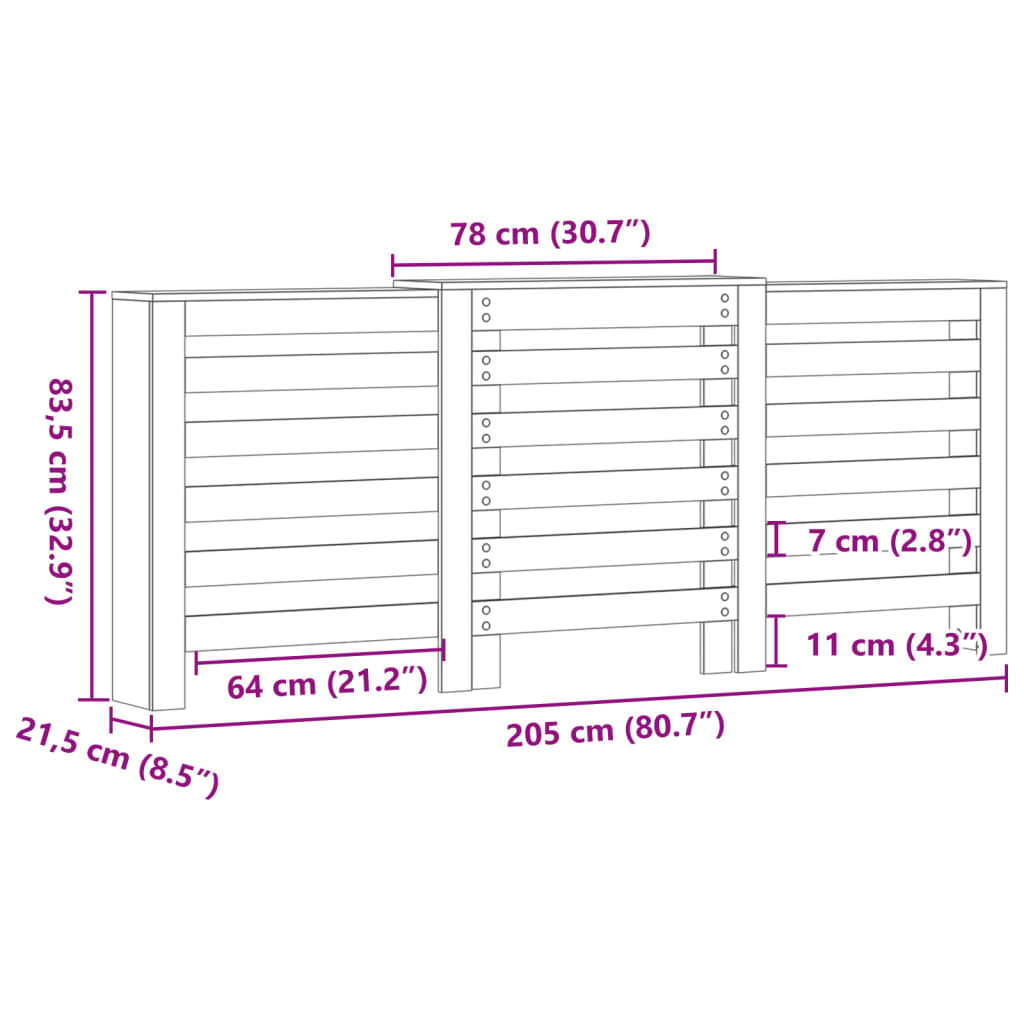 Sonoma tölgy szerelt fa radiátorburkolat 205 x 21,5 x 83,5 cm