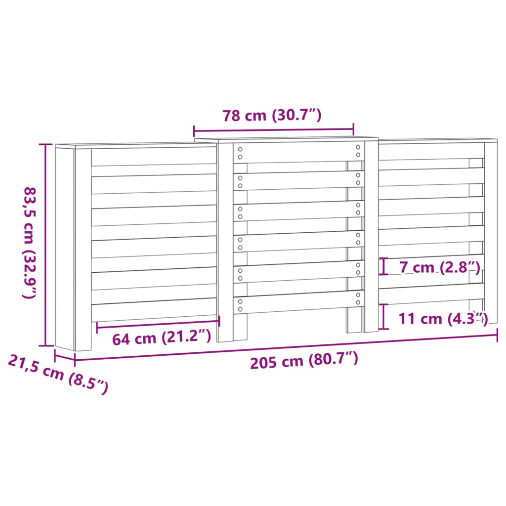 Kézműves tölgy szerelt fa radiátorburkolat 205 x 21,5 x 83,5 cm