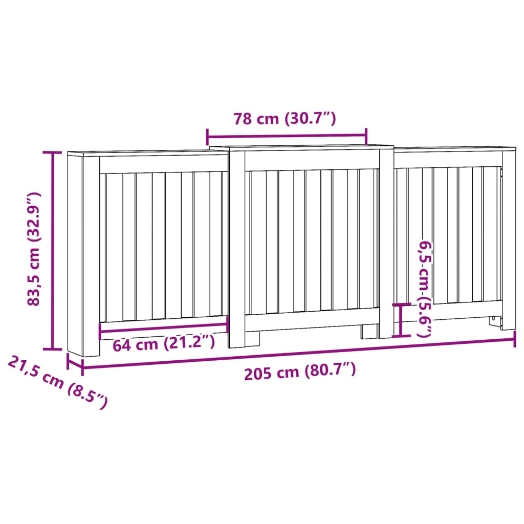 Fekete szerelt fa radiátorburkolat 205 x 21,5 x 83,5 cm