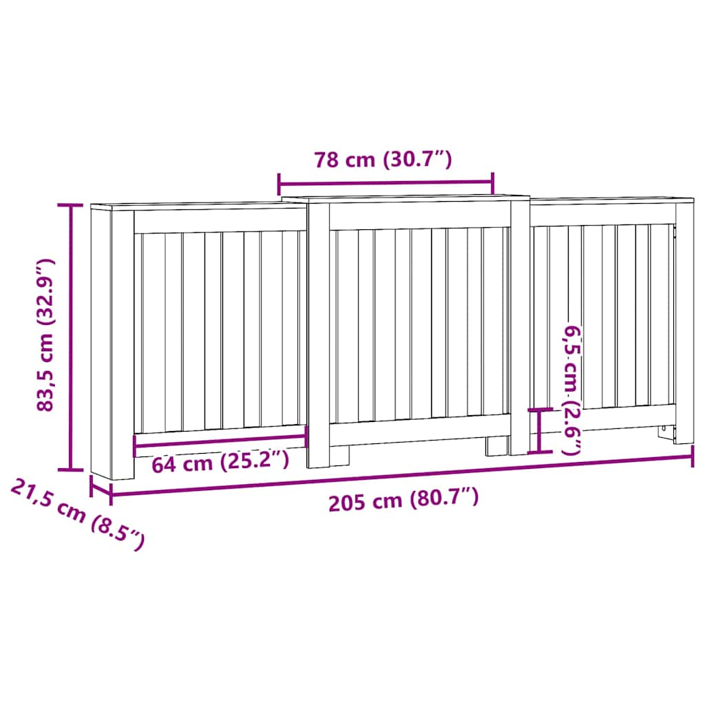 Szürke sonoma szerelt fa radiátorburkolat 205x21,5x83,5 cm