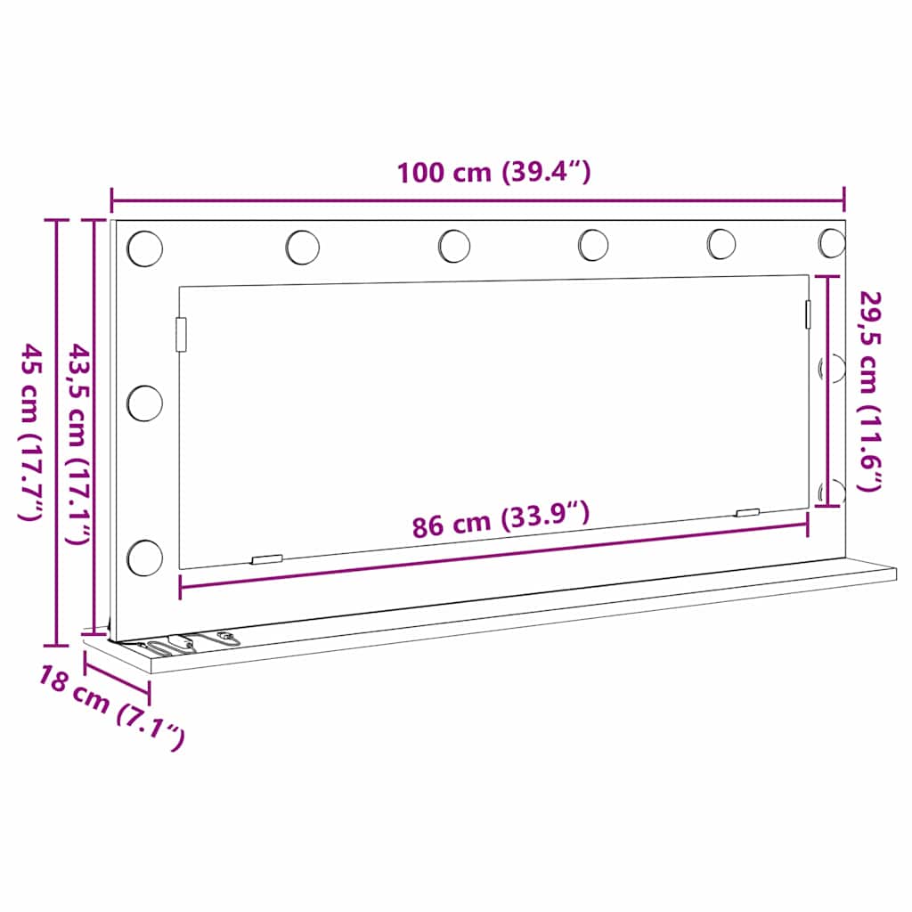 Toalett tükör fehér 100 x 45 x 18 cm üveg és mérnöki fa