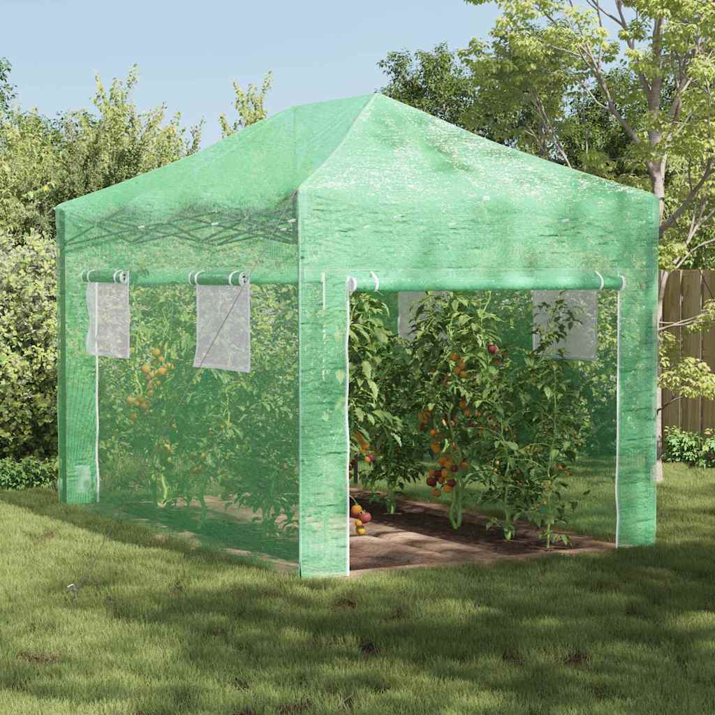 Üvegház pop-up kerettel tetővel zöld 280 x 410 x 315 cm vas