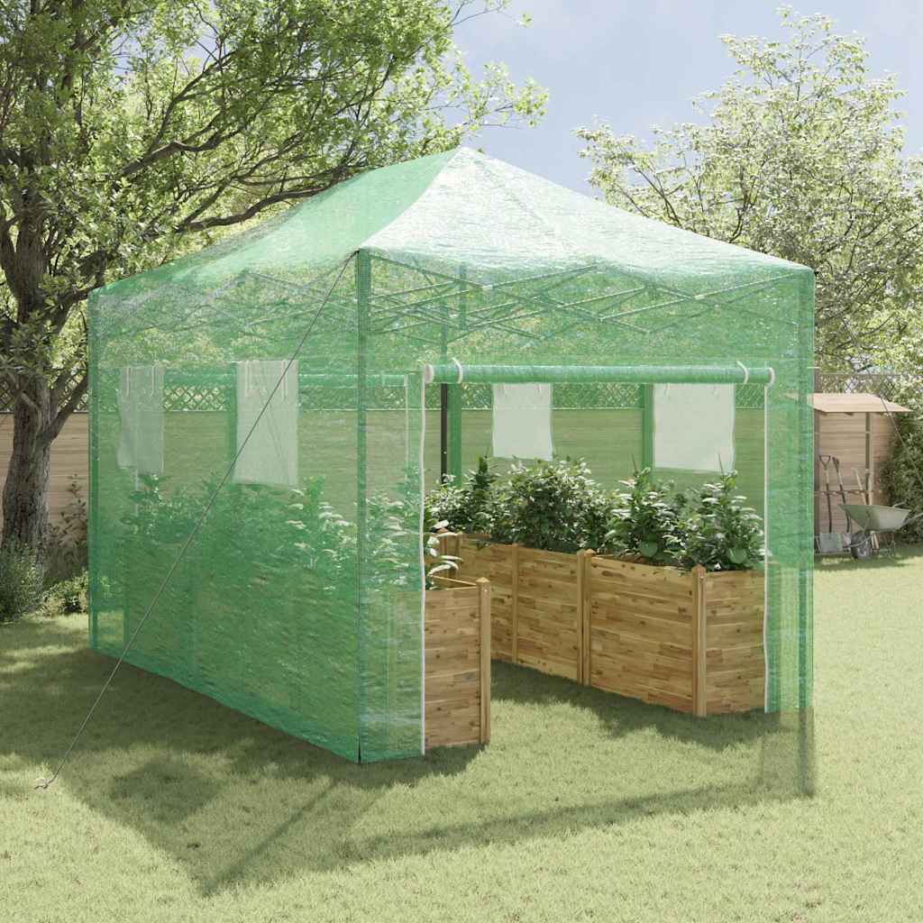 Üvegház pop-up kerettel tetővel zöld 280 x 410 x 315 cm vas