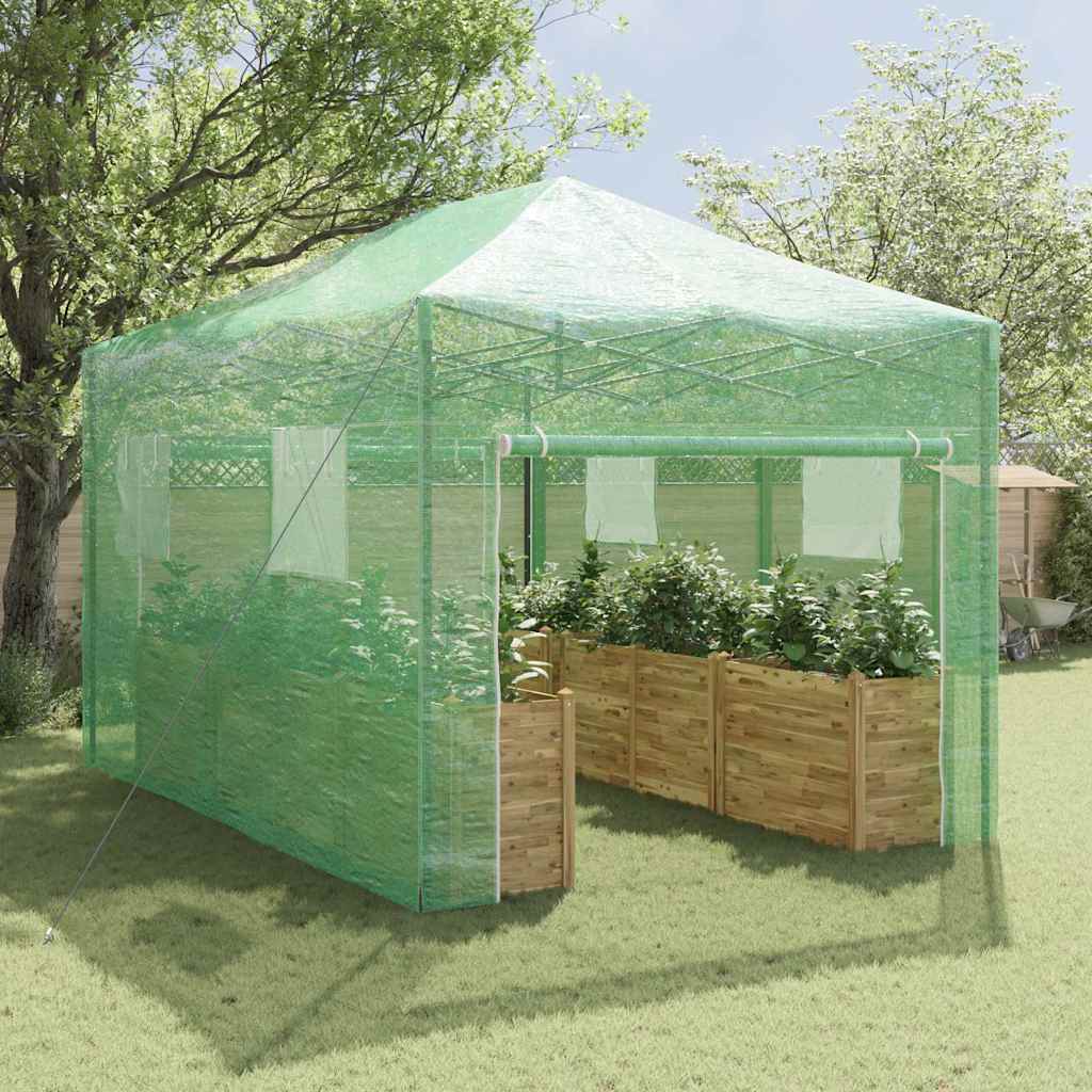 Üvegház pop-up kerettel tetővel zöld 290 x 430 x 315 cm vas