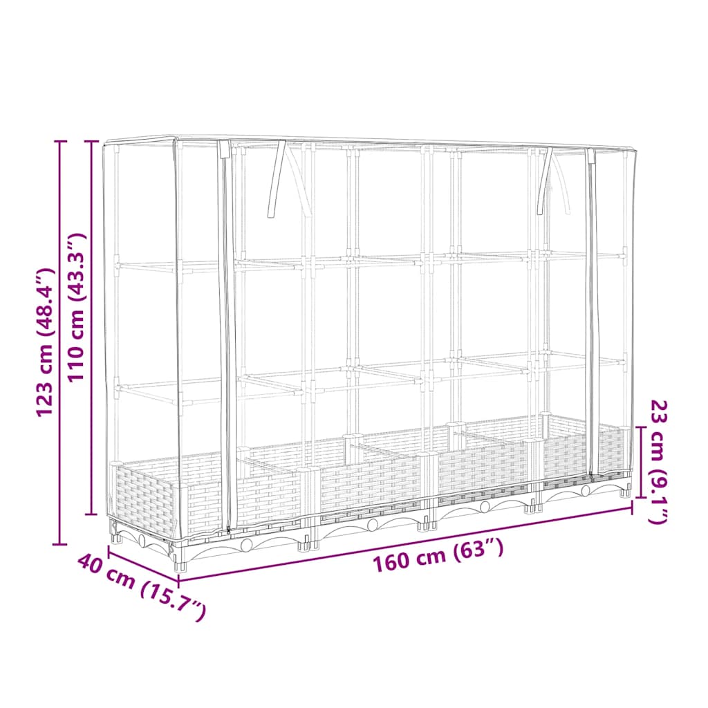 Rattan hatású magaságyás üvegháztakaróval 160 x 40 x 123 cm
