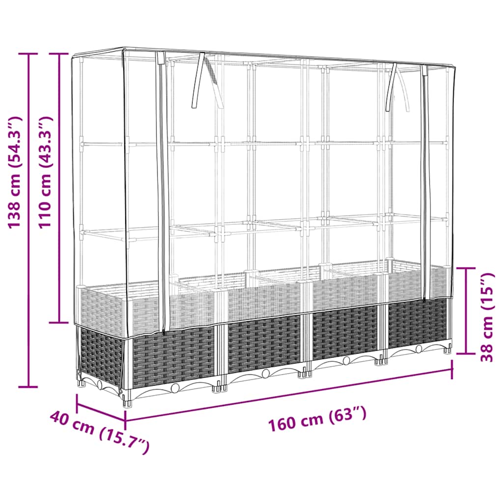 Rattan hatású magaságyás üvegháztakaróval 160 x 40 x 138 cm