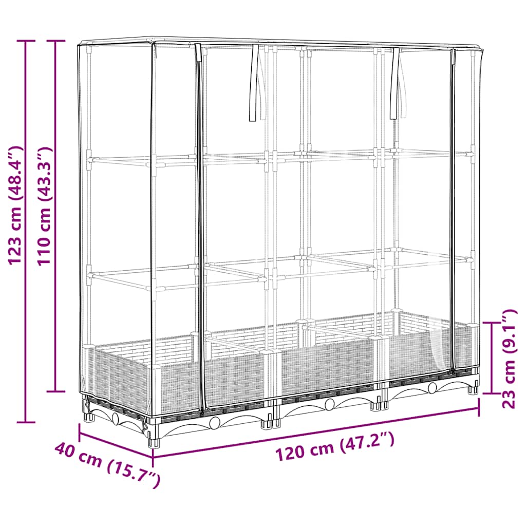 Rattan hatású magaságyás üvegháztakaróval 120 x 40 x 123 cm
