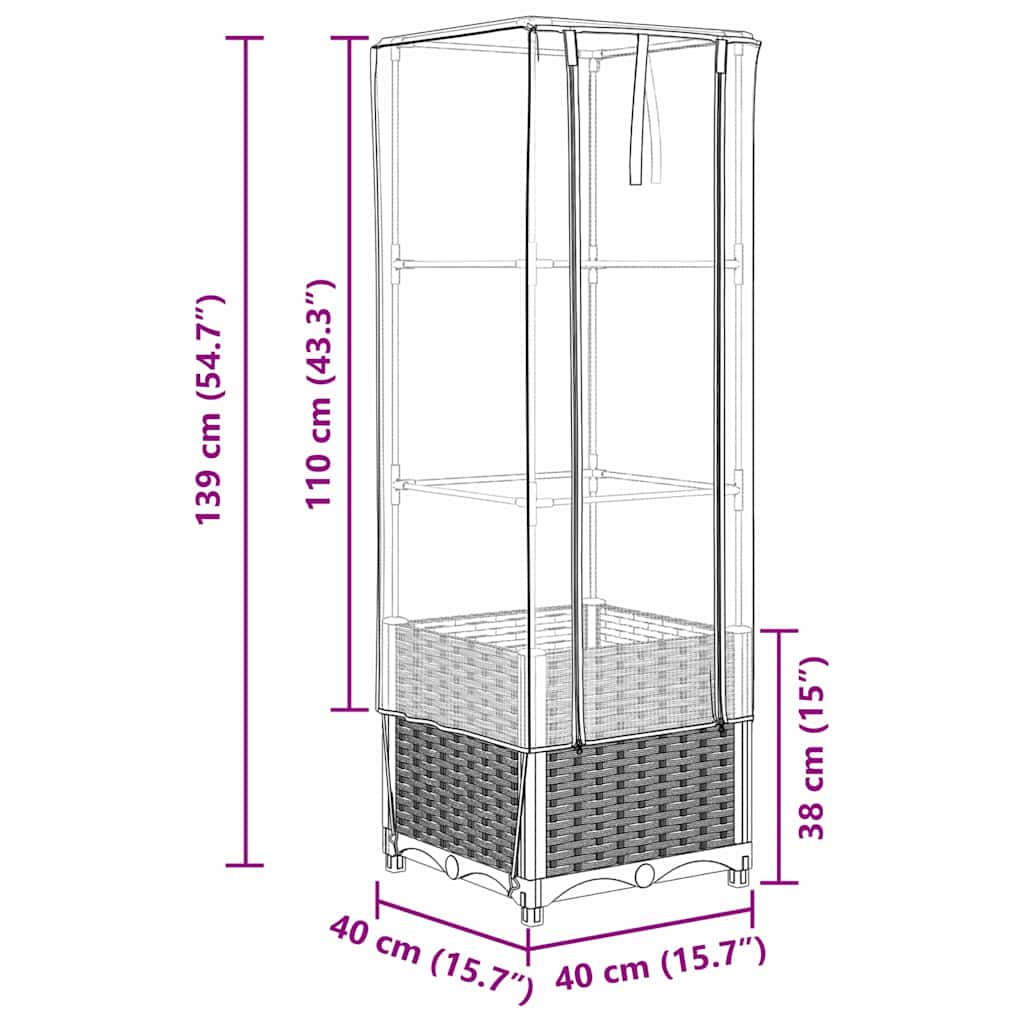 Rattan megjelenésű magaságyás melegháztakaróval 40x40x139 cm
