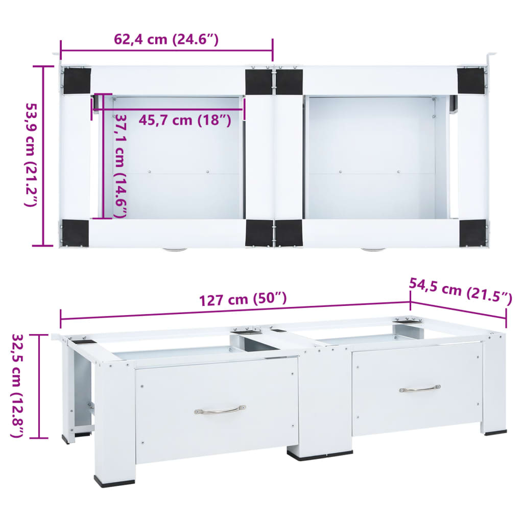 Fehér dupla mosógéptartó állvány fiókokkal