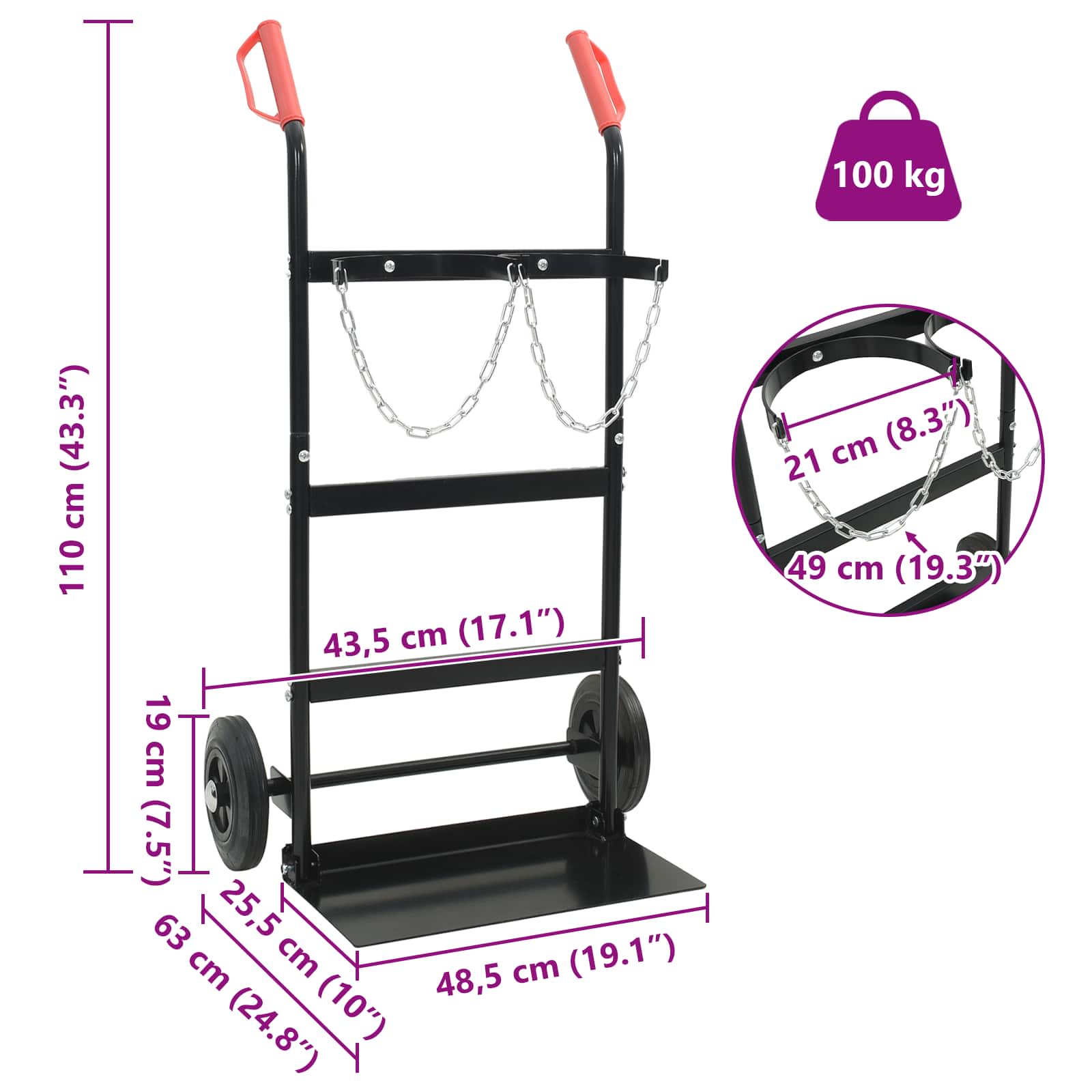Kézikocsi fekete és piros 63 x 43,5 x 110 cm acél