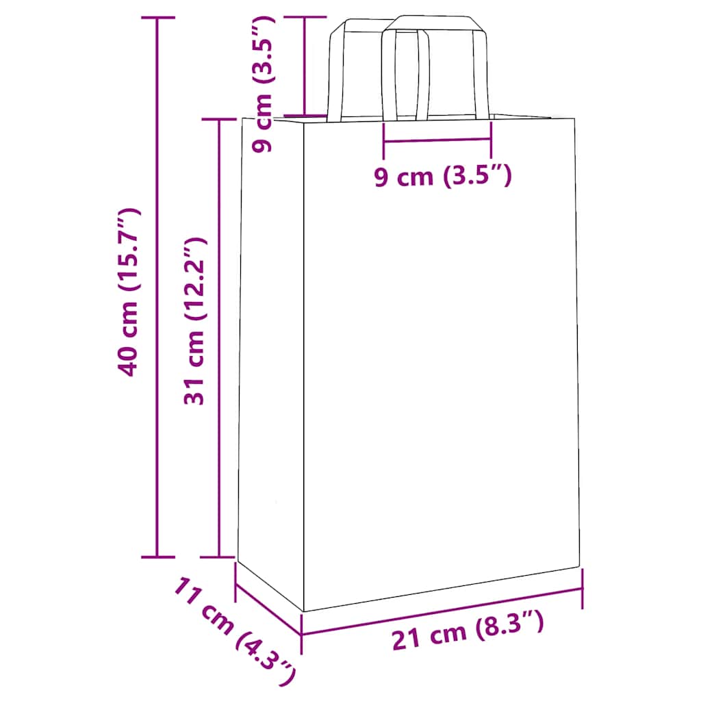 250 db fehér kraft papírzacskók fogantyúkkal 21x11x31 cm