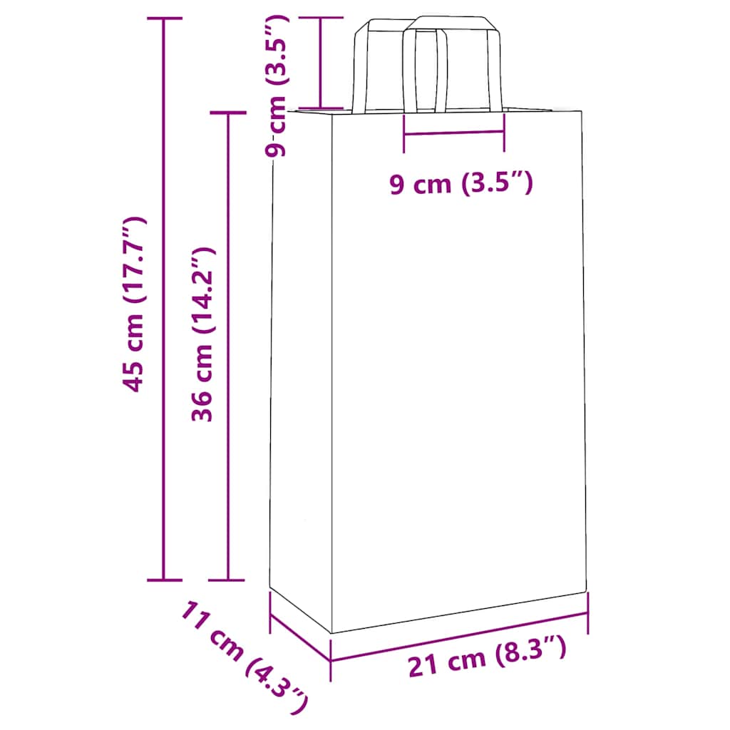 250 db fehér kraft papírzacskók fogantyúkkal 21x11x36 cm