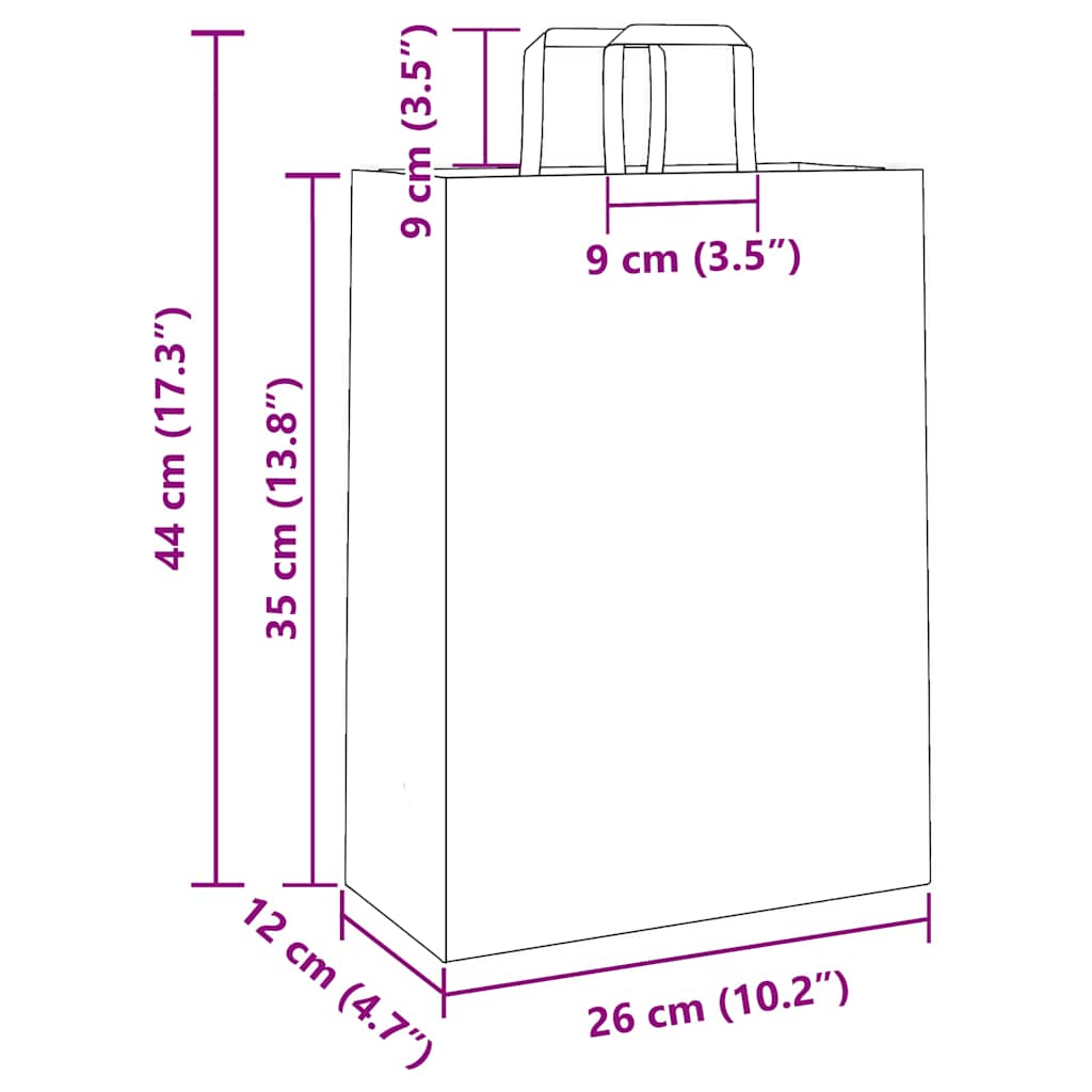 250 db fehér kraft papírzacskók fogantyúkkal 26x12x35 cm