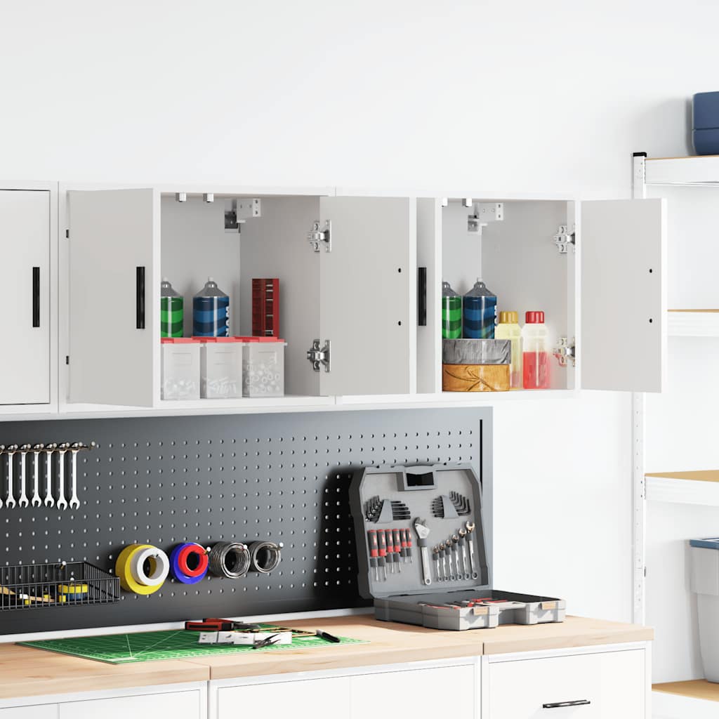 2 db fehér szerelt fa garázs fali szekrények