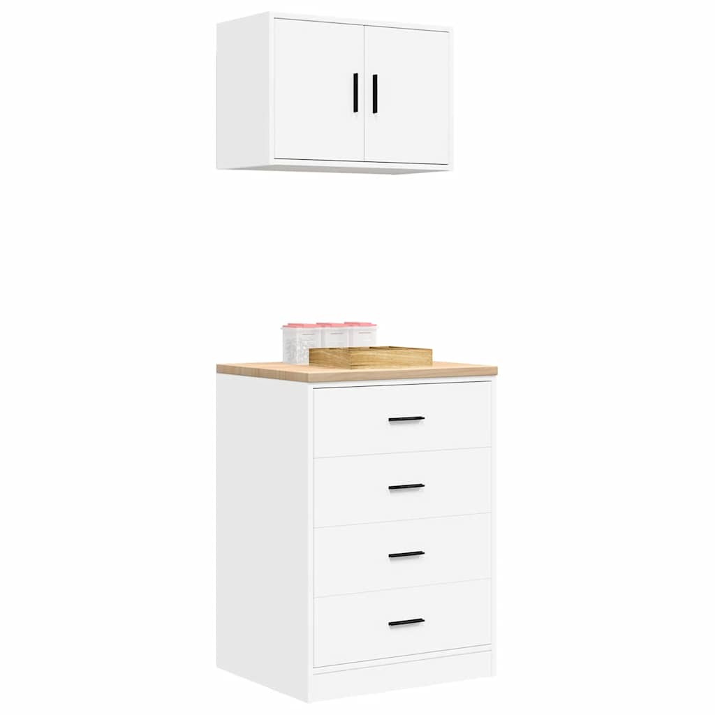 2 db fehér szerelt fa garázs szekrények