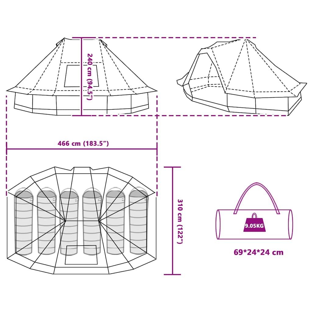 Tipi sátor tetővel tárolóval zöld 466 x 310 x 240 cm taft