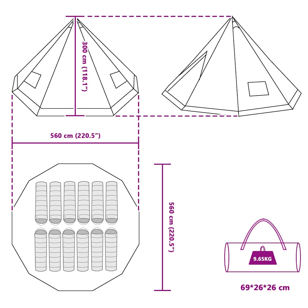 Tipi sátor tetővel tárolóval zöld 560 x 560 x 300 cm taft