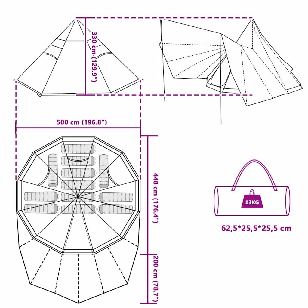 Tipi sátor tetővel tárolóval kék 510 x 690 x 330 cm taft