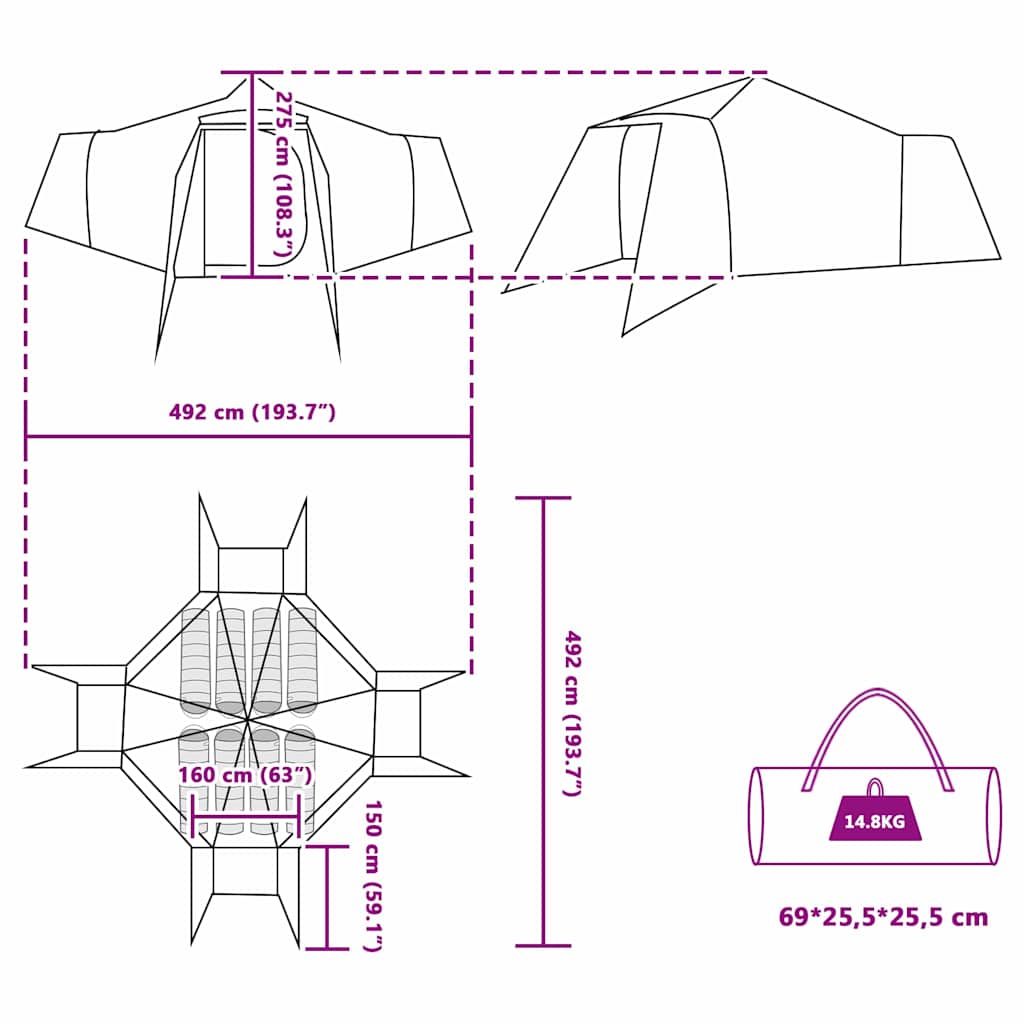 Tipi sátor tetővel tárolóval kék 492 x 492 x 275 cm taft
