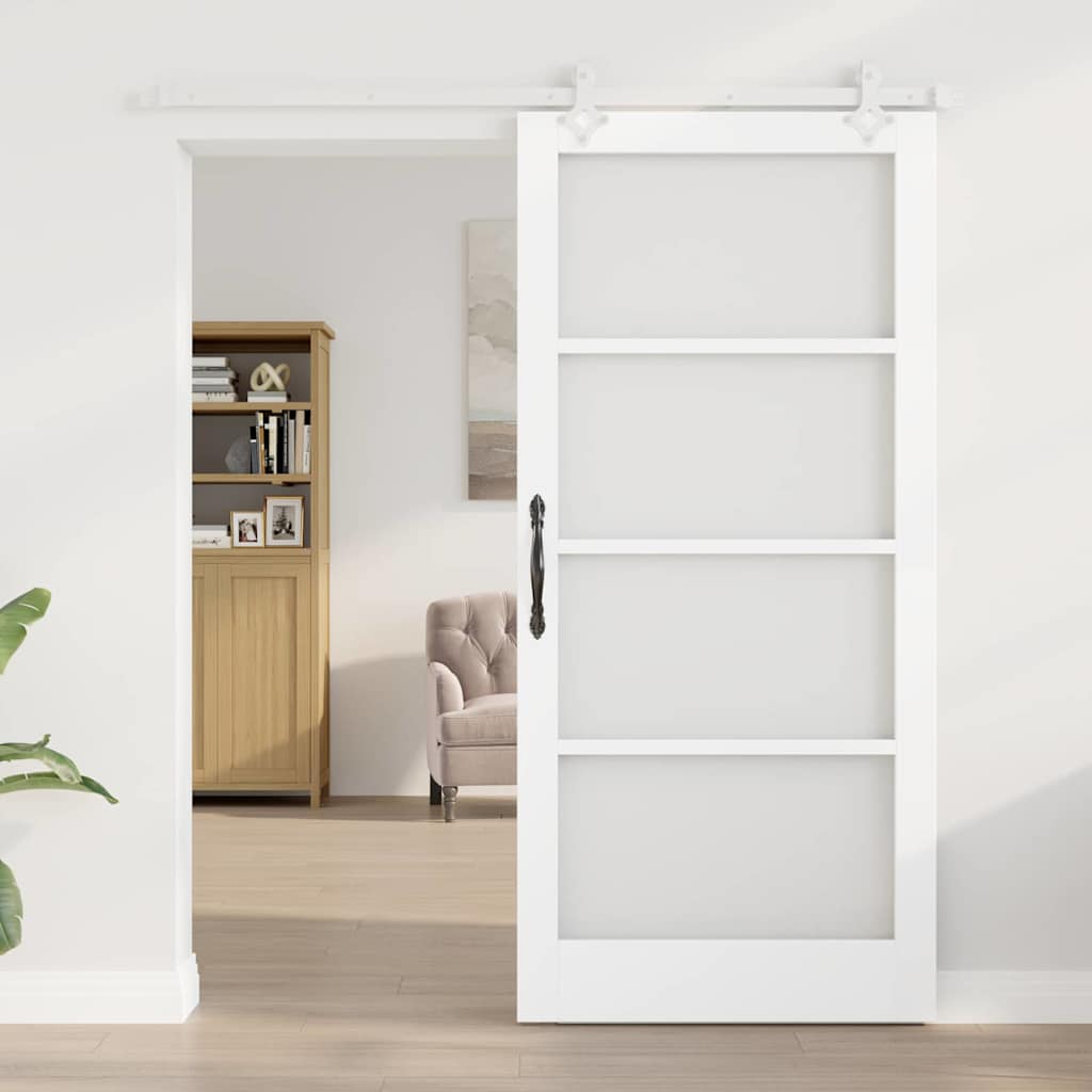 Csúszó ajtó fehér 93 x 202 cm tömör fenyőfa és üveg