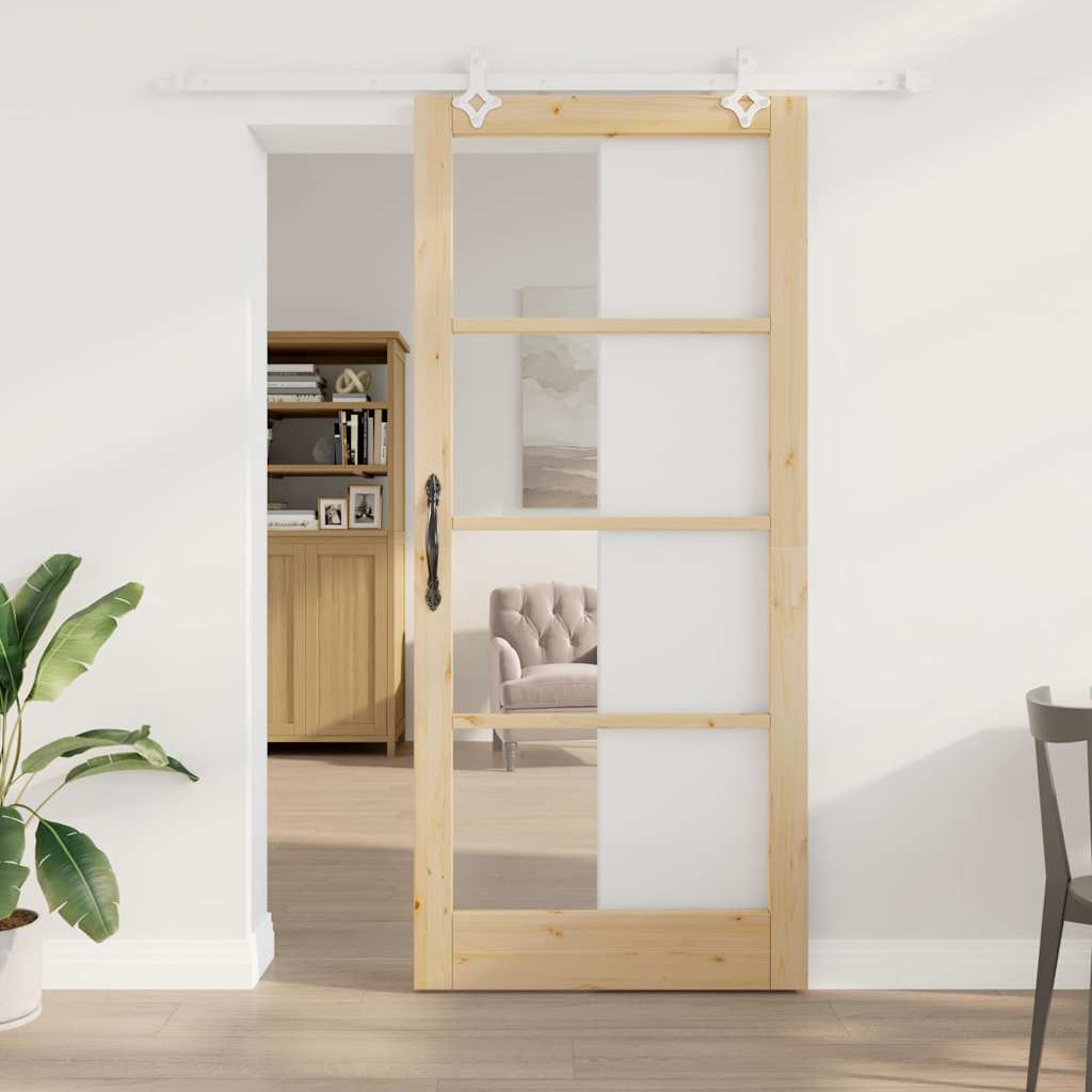 Csúszó ajtó természetes 93 x 211 cm tömör fenyőfa és üveg