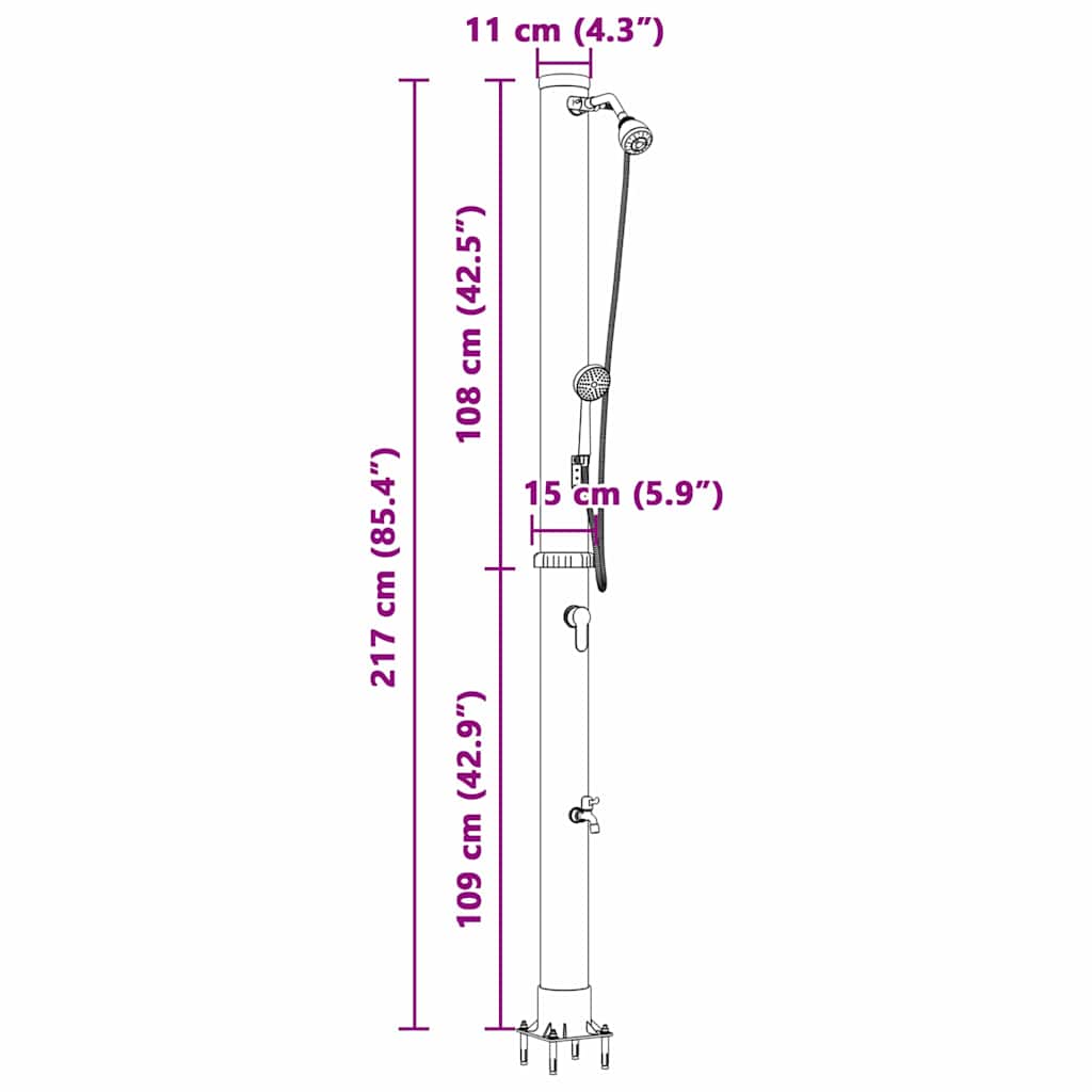 Külső napelemes zuhany kézi fejjel 217 cm 20 l