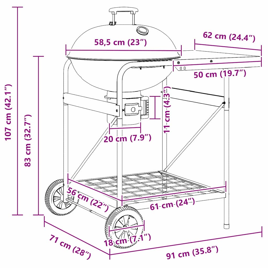 Kültéri grill kerékkel fekete 91 x 71 x 107 cm fém