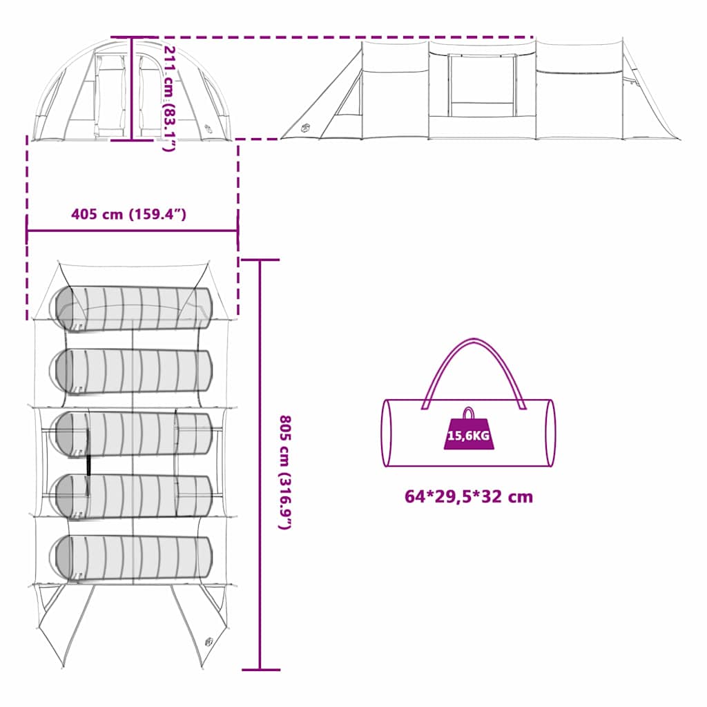Alagút sátor tetővel tárolóval kék és szürke 778 x 356 x 210 cm