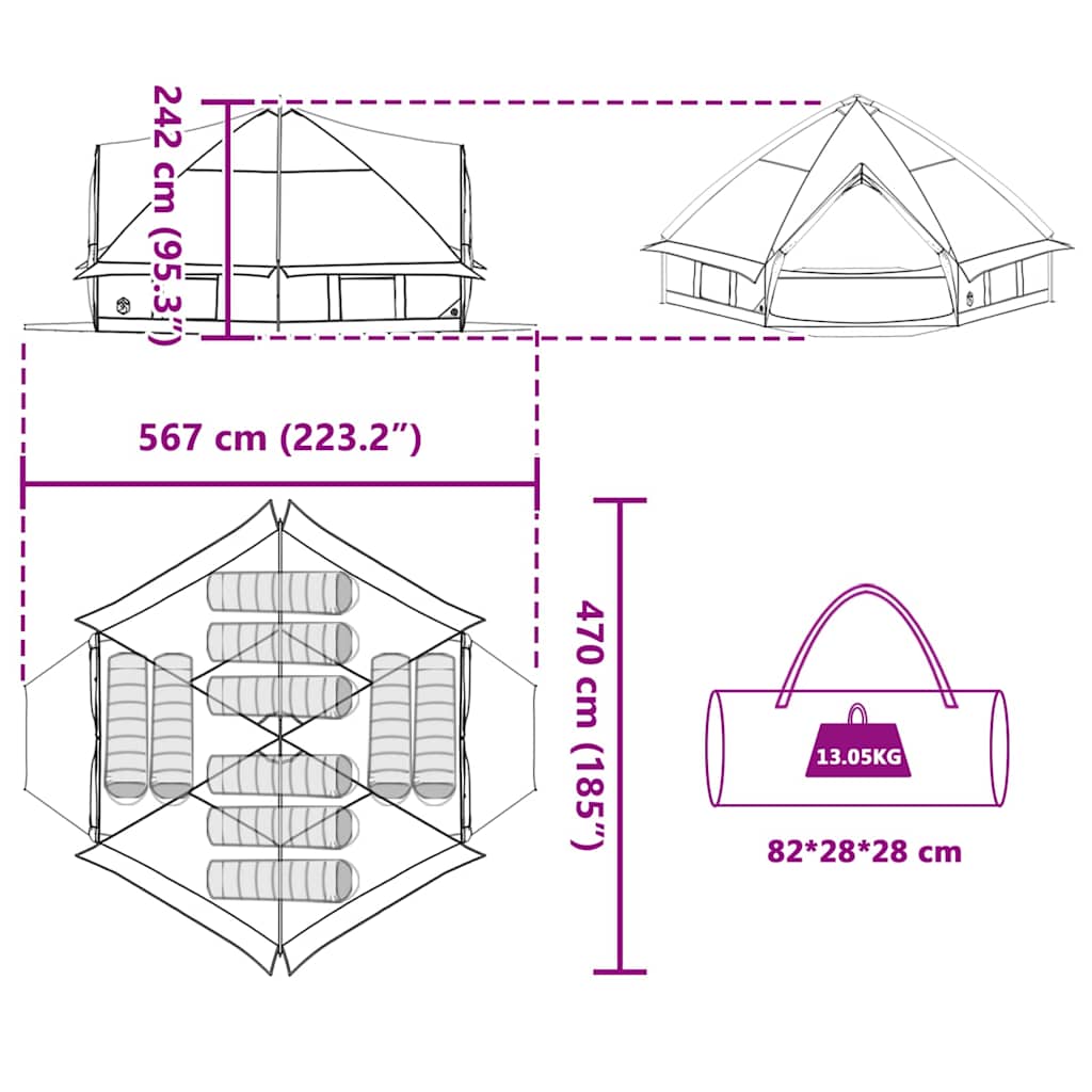 Teepee sátor 10 fős tetővel kék és szürke 567 x 470 x 242 cm