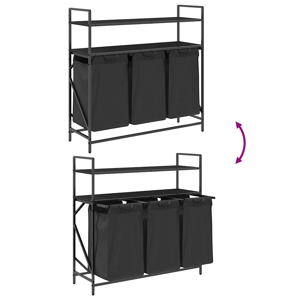 Fekete tölgyfa mosodai kosár 3 rekeszes polcokkal