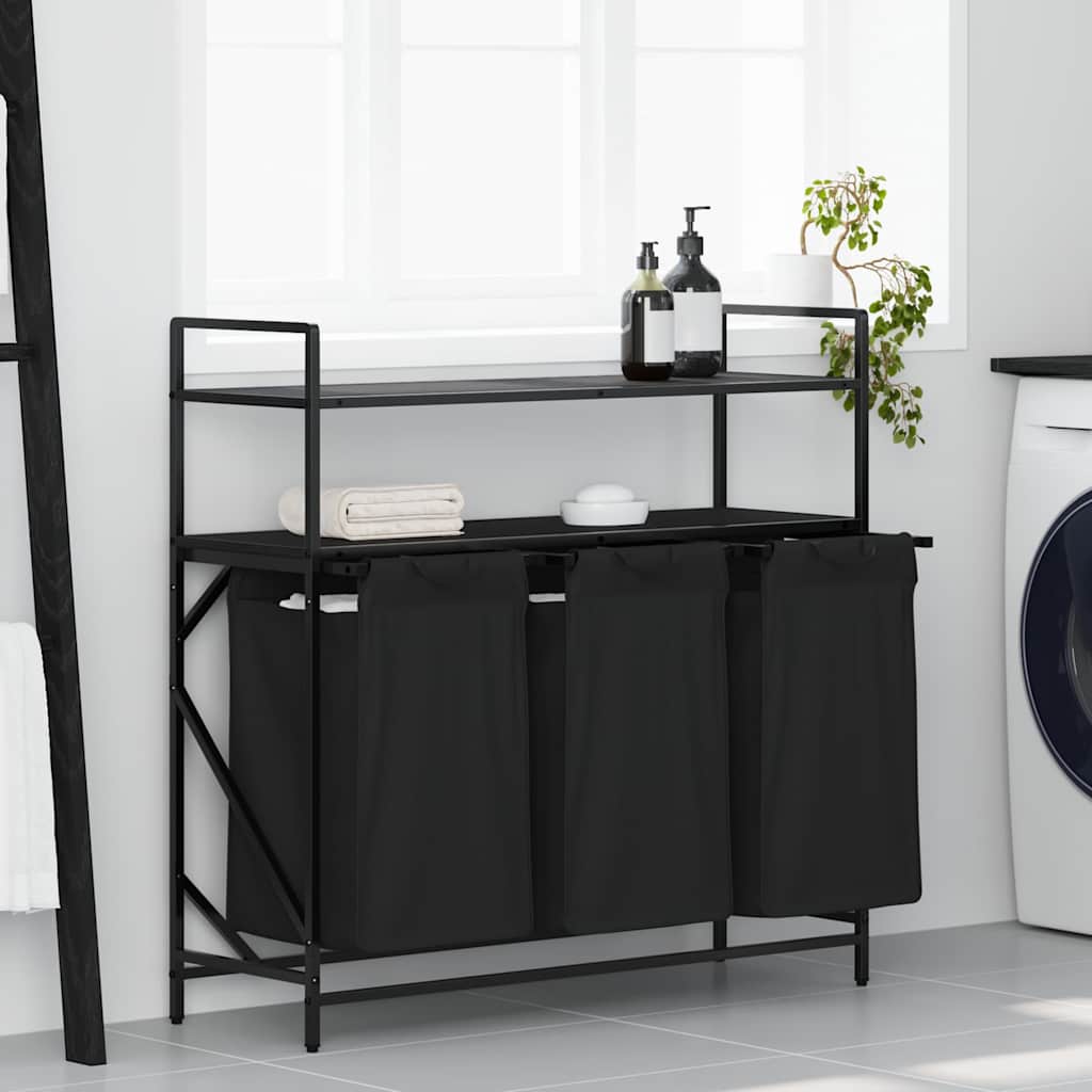 Fekete tölgyfa mosodai kosár 3 rekeszes polcokkal