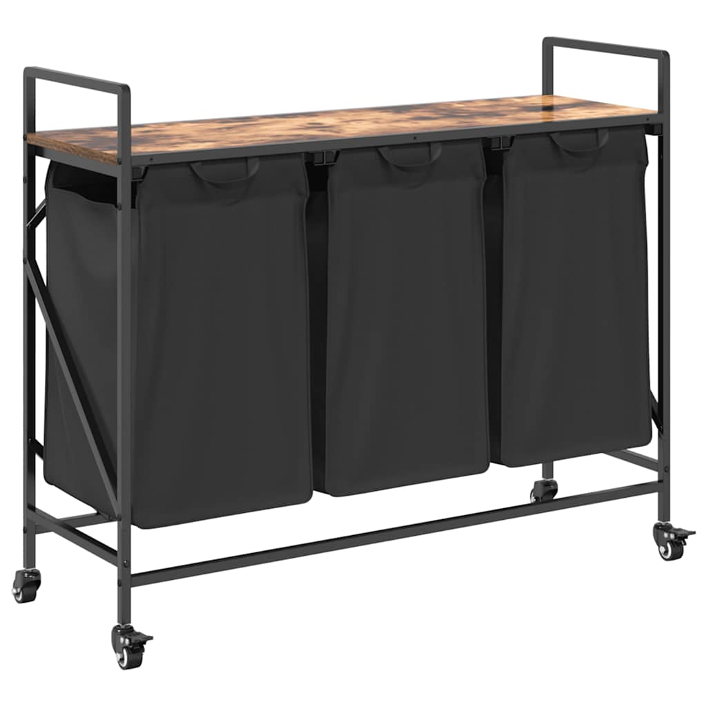 Füstölt tölgy mosodai kosár 3 rekeszes kerekekkel