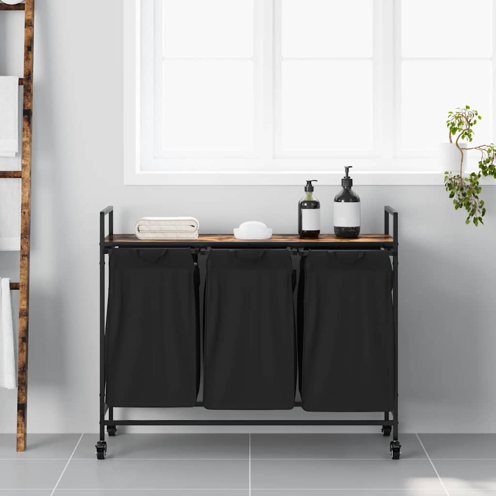 Füstölt tölgy mosodai kosár 3 rekeszes kerekekkel