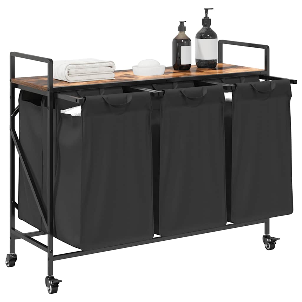 Füstölt tölgy mosodai kosár 3 rekeszes kerekekkel