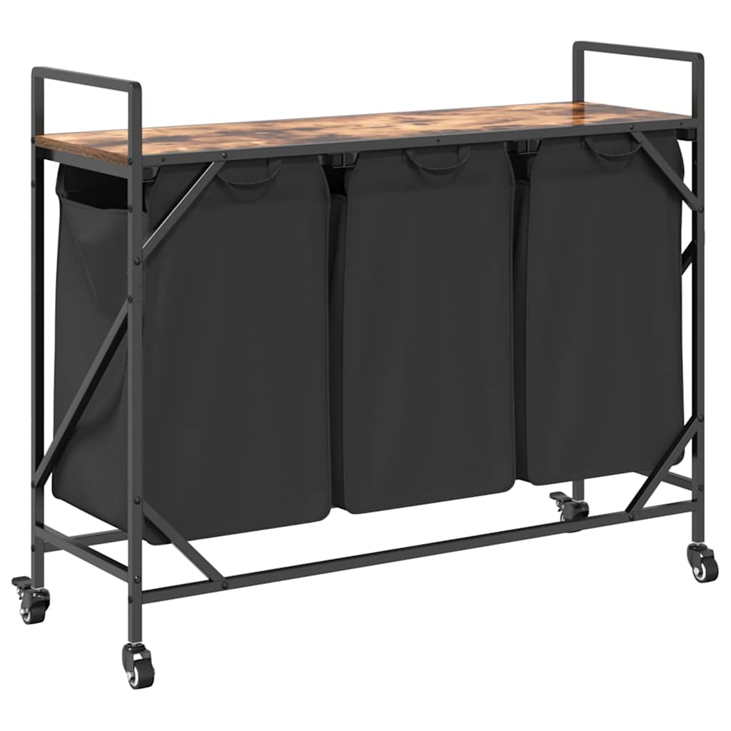 Füstölt tölgy mosodai kosár 3 rekeszes kerekekkel