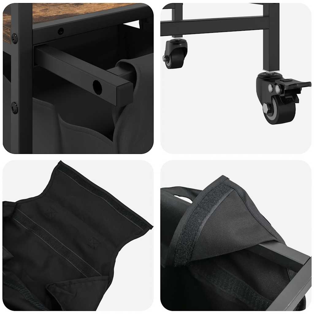 Füstölt tölgy mosodai kosár 3 rekeszes kerekekkel