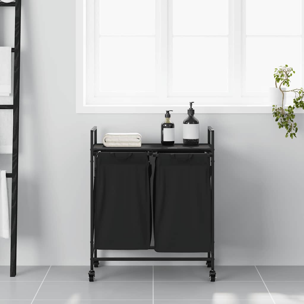 Fekete tölgyfa mosodai kosár 3 rekeszes kerekekkel