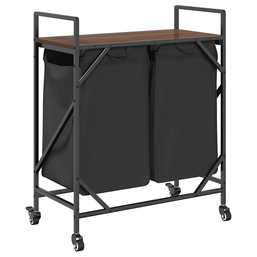 Barna tölgy mosodai kosár 2 rekeszes kerekekkel