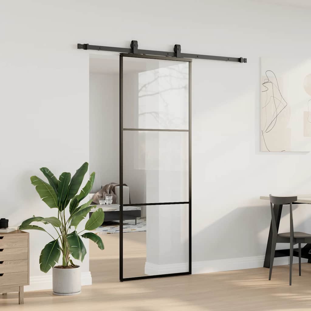 Fekete esg üveg tolóajtó fémszerelvény-szettel 76x205 cm