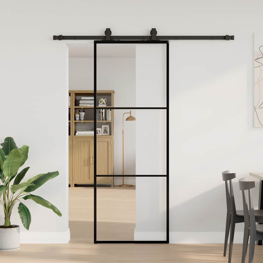 Fekete esg üveg tolóajtó fémszerelvény-szettel 76x205 cm