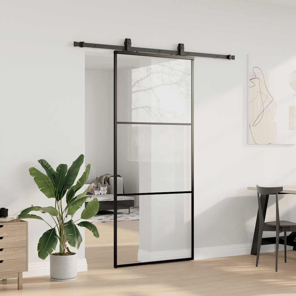 Fekete esg üveg tolóajtó fémszerelvény-szettel 90x205 cm